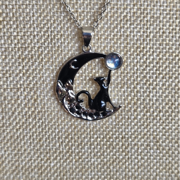 boutique Jewelry - Necklace: Black Cat , Opalite Moon, Sitting On Black Onyx Crystals